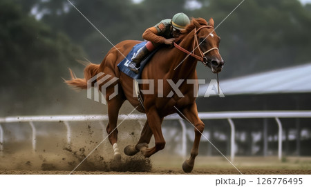 Dynamic Racehorse Galloping on Dirt Track with Jockey Focused on Winning 126776495