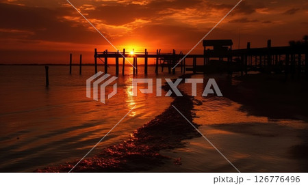 Scenic Sunset Over Wooden Pier Reflecting on Calm Ocean Waters 126776496