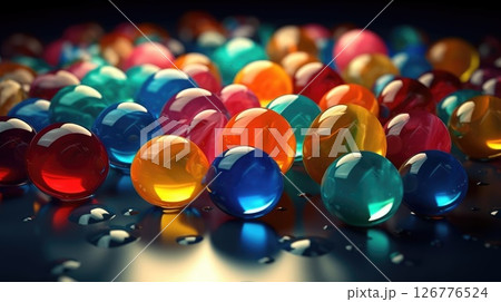 Colorful Transparent Glass Marbles with Reflections on a Dark Surface Colorful Transparent Glass Marbles with Reflections on a Dark Surface 126776524