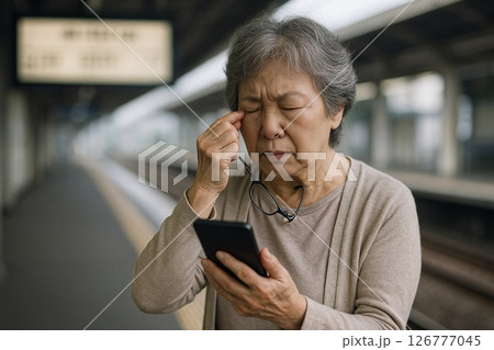 老眼でスマホ画面が見えないシニア女性の駅ホーム写真 126777045