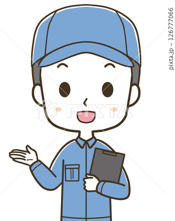 左へ案内する若い男性作業員の上半身イラスト 126777066