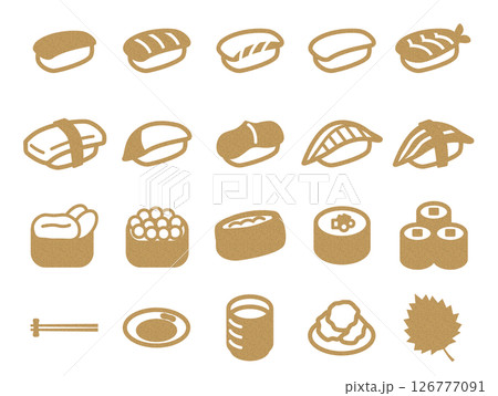 寿司とお茶などのアイコンのセット_コルク模様 126777091