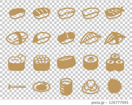寿司とお茶などのアイコンのセット_コルク模様 126777091