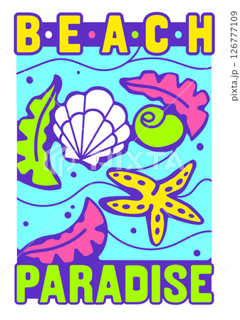 Vivid print with sea shells and starfish in neon tones. Ideal for fun vacation t-shirt design Vivid print with sea shells and starfish in neon tones. Ideal for fun vacation t-shirt design 126777109