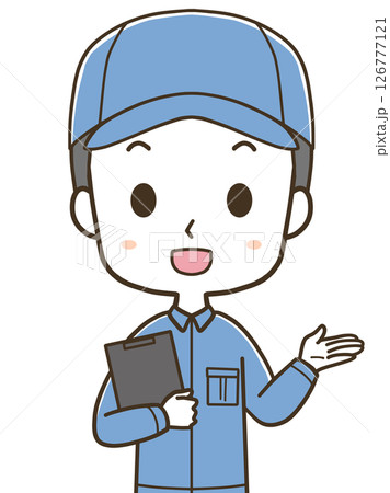 右へ案内する若い男性作業員の上半身イラスト 126777121