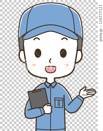 Upper body illustration of a young male worker guiding to the right Upper body illustration of a young male worker guiding to the right 126777121