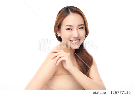 A beautiful young Asian woman with clean, fresh skin against a white background. Skincare, facial treatment, cosmetology, beauty, and spa. An elegant portrait of an Asian woman. A beautiful young Asian woman with clean, fresh skin against a white background. Skincare, facial treatment, cosmetology, beauty, and spa. An elegant portrait of an Asian woman. 126777139
