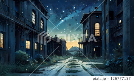 ゲーム背景　夜空と電気が付き始めた工場と家がある街並み 126777157