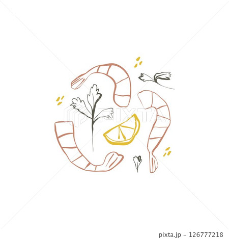 Hand drawn shrimps with lemon and parsley in playful line art perfect for seafood recipes and kitchen design projects 126777218