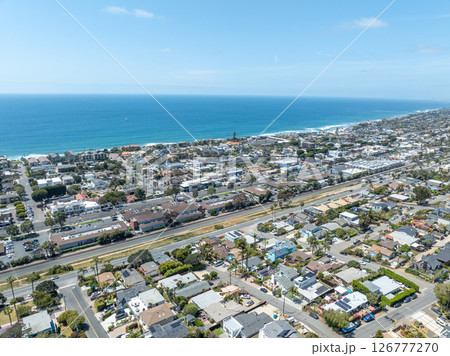 Aerial view of Encinitas town with ocean in San Diego, South California 126777270