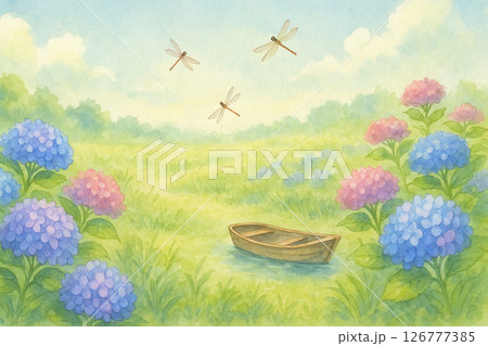 紫陽花とトンボが舞う初夏の風景・水彩タッチの幻想的な草原と小舟のイラスト 126777385