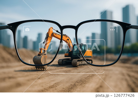 スマートグラス越しに見るショベルカーと現場の映像視界 126777426
