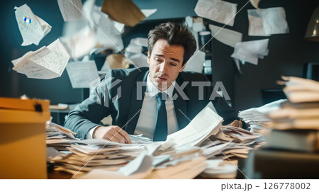 A stressed man struggles as he drowns in a massive pile of documents, overwhelmed by paperwork and deadlines. The concept of workplace stress, bureaucracy, and information overload. Generative AI. 126778002