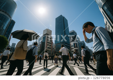 真夏のスクランブル交差点を行き交う人々と炎天下の都市風景 126778056