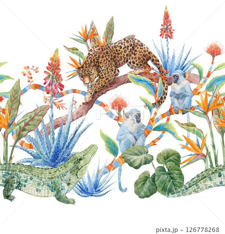 Handmade watercolor seamless pattern of tropical jungle with leopard, monkeys, crocodiles, and exotic plants. A vibrant floral border ideal for wallpaper, textiles, children s decor, and nature Handmade watercolor seamless pattern of tropical jungle with leopard, monkeys, crocodiles, and exotic plants. A vibrant floral border ideal for wallpaper, textiles, children s decor, and nature 126778268
