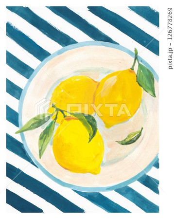 Trendy summer tropical poster featuring hand-painted lemons on a plate over a striped background. Rendered in bold acrylic style, this fresh and vibrant design is ideal for kitchen prints, packaging 126778269