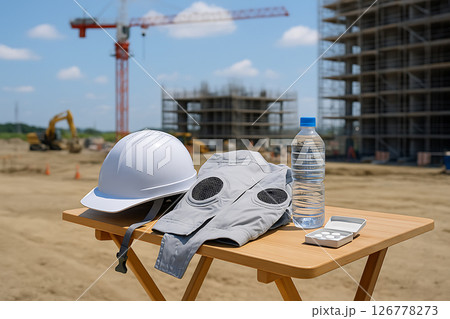 建設現場の熱中症対策グッズと晴天の背景 建設現場の熱中症対策グッズと晴天の背景 126778273