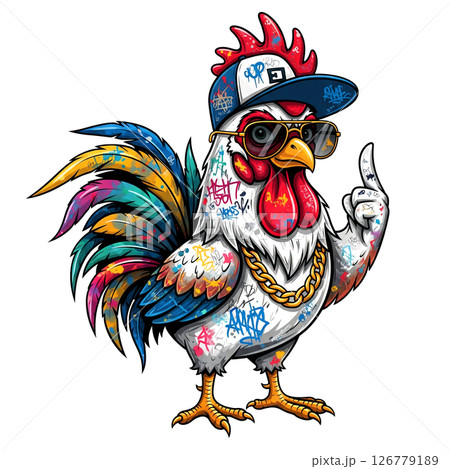 Stylish, graffiti-covered rooster in a backward baseball cap and sunglasses, wearing a gold chain, pointing up. 126779189