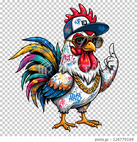 Stylish, graffiti-covered rooster in a backward baseball cap and sunglasses, wearing a gold chain, pointing up. 126779189