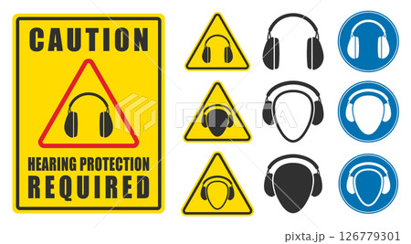 Hearing protection required ear muffs icon set. Ear safety sign, protective headphones symbol logo. Vector illustration image. Isolated on white background. Hearing protection required ear muffs icon set. Ear safety sign, protective headphones symbol logo. Vector illustration image. Isolated on white background. 126779301