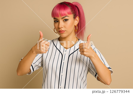 野球ユニフォームを着たギャル風女性が親指を立てるポーズ 野球ユニフォームを着たギャル風女性が親指を立てるポーズ 126779344