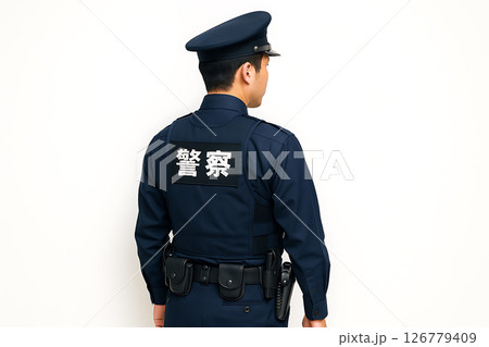 制服姿で立つ日本人警察官の後ろ姿と白背景構図 126779409