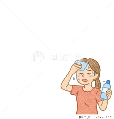 熱中症になり水分補給をする汗だくの若い女性(正方形バナー) 126779427