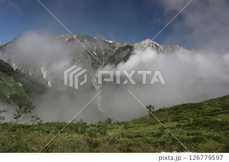 霧の中から姿を現す白馬三山と雪渓 霧の中から姿を現す白馬三山と雪渓 126779597