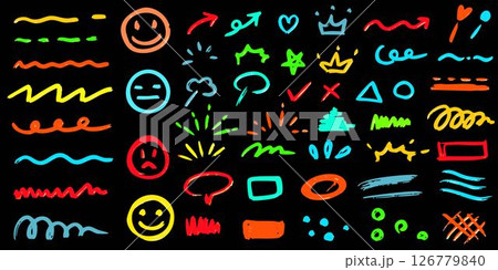 落書きテクスチャーチョークブラシクレヨンの線ーアイコンベクターセット　手描きシンプル黒バックセット 126779840