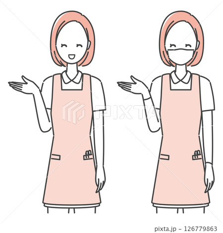 イラスト素材:笑顔で案内する、エプロン着用の歯科衛生士/歯科助手・介護士・保育士（モノトーン） 126779863