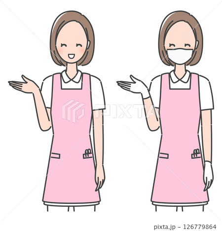 イラスト素材:笑顔で案内する、エプロン着用の歯科衛生士/歯科助手・介護士・保育士（マスクあり/なし） 126779864