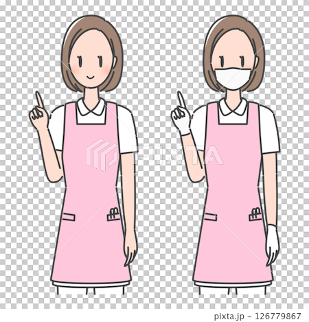 插畫素材：穿著圍裙的牙科保健師會進行解說與建議 / 牙醫助理、護理員、保育員（戴/不戴口罩） 126779867