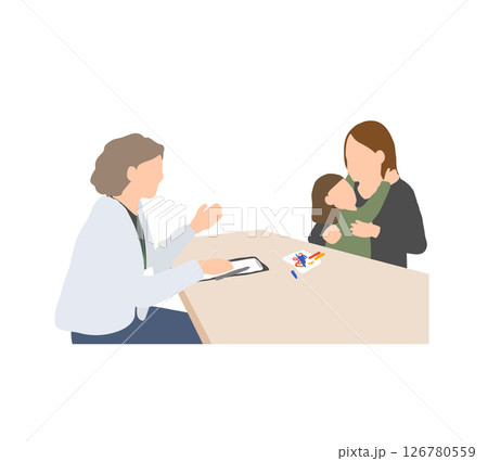 子どもが不安定になり母にしがみつく支援面談中の様子｜支援者が見守る発達支援シーン（女児） 126780559