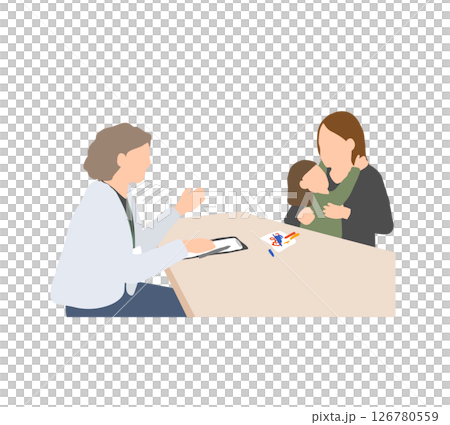 子どもが不安定になり母にしがみつく支援面談中の様子｜支援者が見守る発達支援シーン（女児） 126780559