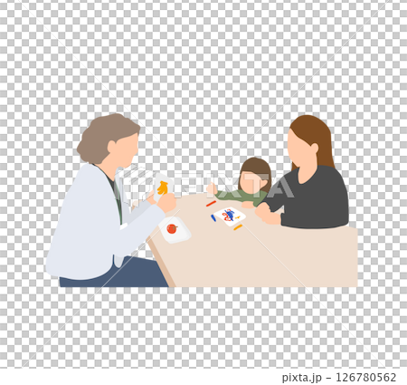 発達支援・療育面談のイラスト｜支援者が絵カードを提示し、子どもが関心を示すシーン（女児） 126780562