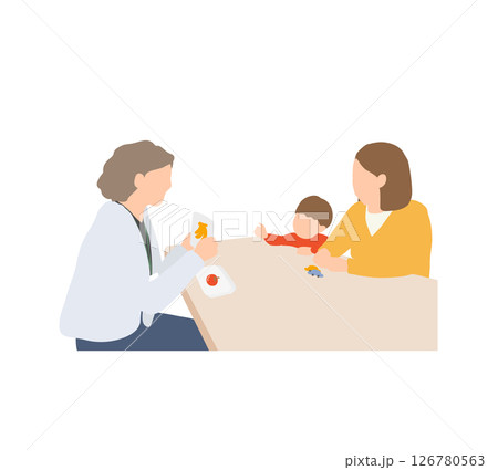 発達支援・療育面談のイラスト｜支援者が絵カードを提示し、子どもが関心を示すシーン（男児） 126780563