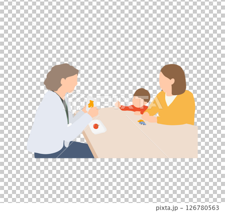 発達支援・療育面談のイラスト｜支援者が絵カードを提示し、子どもが関心を示すシーン（男児） 126780563