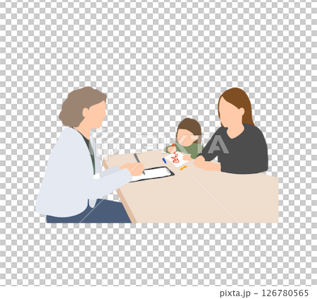 発達相談の面談イラスト｜支援者が傾聴し、女児はお絵描きして遊ぶ親子の支援風景 126780565
