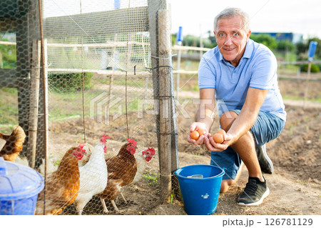Man collecting chicken egg outdoors Man collecting chicken egg outdoors 126781129