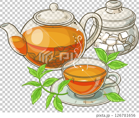 Cup of Tea, Teapot and Sugar Bowl Colored Detailed Illustration. Cup of Tea, Teapot and Sugar Bowl Colored Detailed Illustration. 126781656