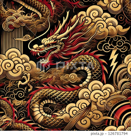 雷雲を駆ける金龍と和風装飾画 雷雲を駆ける金龍と和風装飾画 126781794
