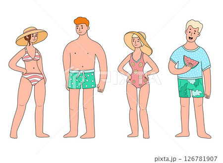 Cute People Beach set. Women in Swimsuits and sun hat and man with swimming trunks with watermelon. Isolated male and female Character on summer vacation. Vector illustration 126781907
