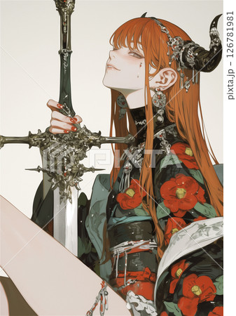 日本刀を持つツノが生えた鬼の少女 126781981