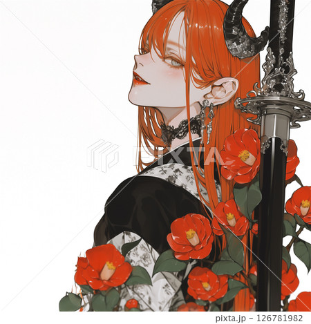 日本刀を持つツノが生えた鬼の少女 126781982