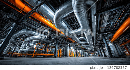 Industrial piping system with silver and orange pipes, modern factory interior Industrial piping system with silver and orange pipes, modern factory interior 126782387