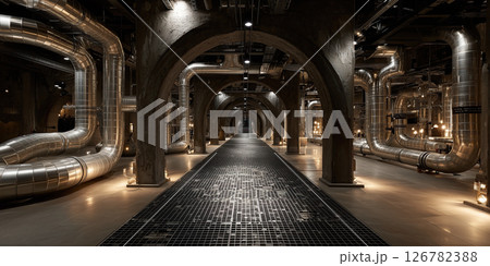Industrial piping system metal pipe tunnel archway modern silver infrastructure symmetry Industrial piping system metal pipe tunnel archway modern silver infrastructure symmetry 126782388
