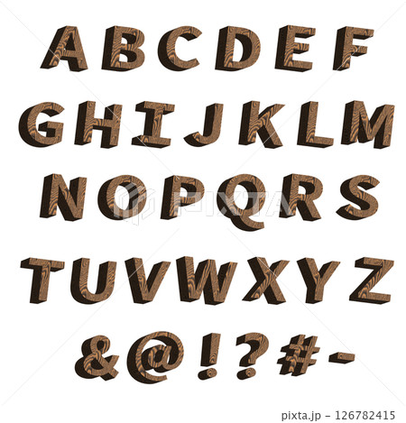 木製のアルファベットと記号のセット、白い背景、3D制作 木製のアルファベットと記号のセット、白い背景、3D制作 126782415