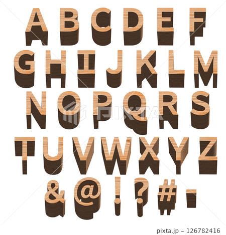 木製のアルファベットと記号のセット、白い背景、3D制作 126782416