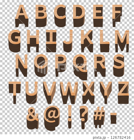 木製のアルファベットと記号のセット、白い背景、3D制作 126782416