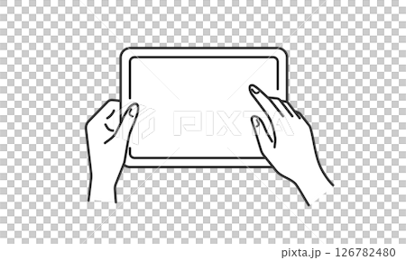 Line drawing illustration of a hand operating a landscape tablet device (black and white) 126782480